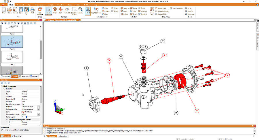 3DViewStation-Software bei der Erstellung einer technischen Dokumentation. Das Bild zeigt eine farbcodierte Explosionsdarstellung einer komplexen Baugruppe mit hinzugefügten Positionsnummern und Text-Markups auf der Desktop-Oberfläche.